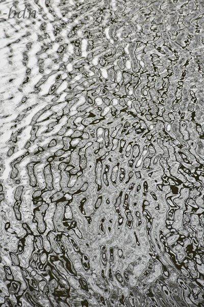Spiegelungen auf einem Fluss unter grauem Himmel